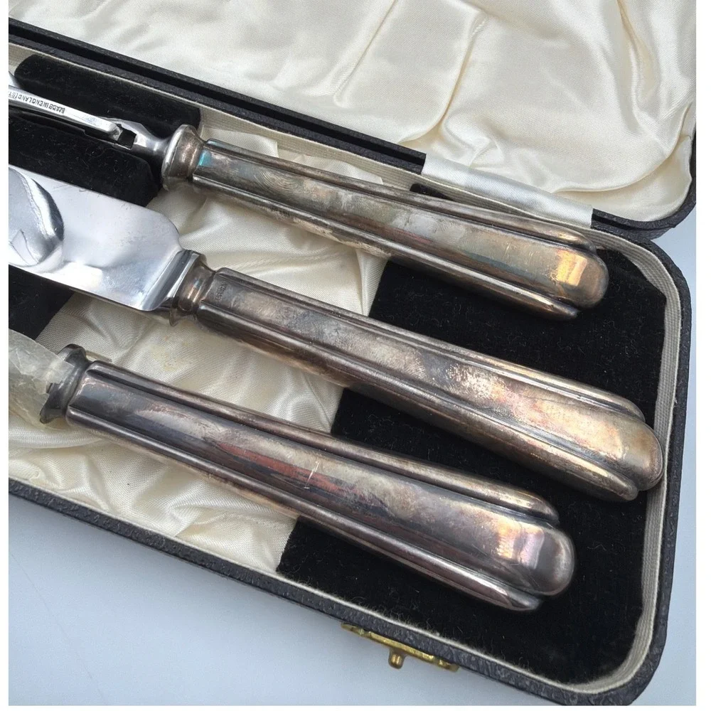 Lewis Rose Sheffield England Silver Plate 3pc Carving Set Vintage Stainless Case